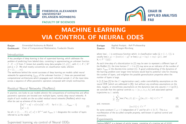 Machine learning via control of Neural ODEs